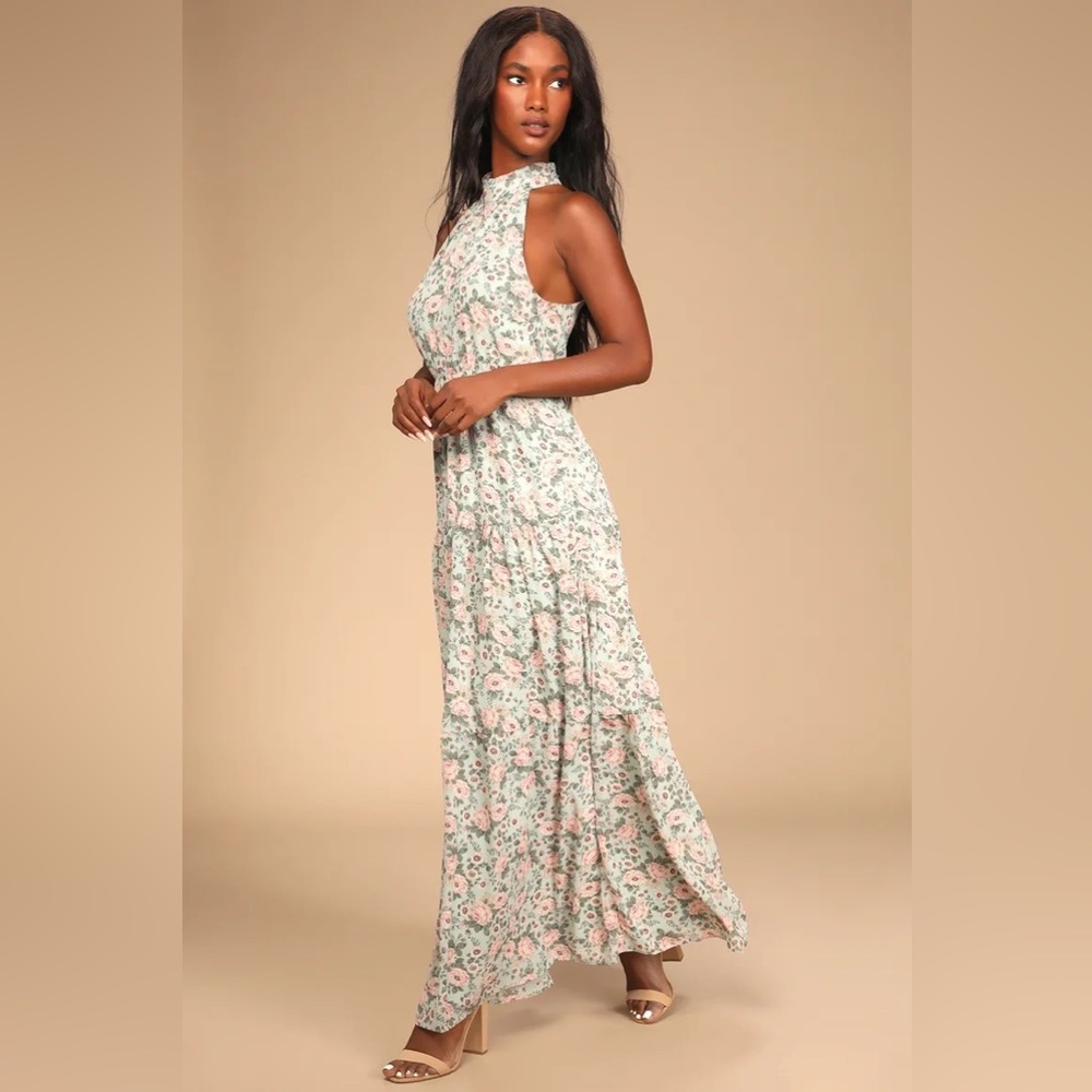 Lulus Grow Your Garden Sage Floral Print Tiered Halter Maxi Dress | Size Large